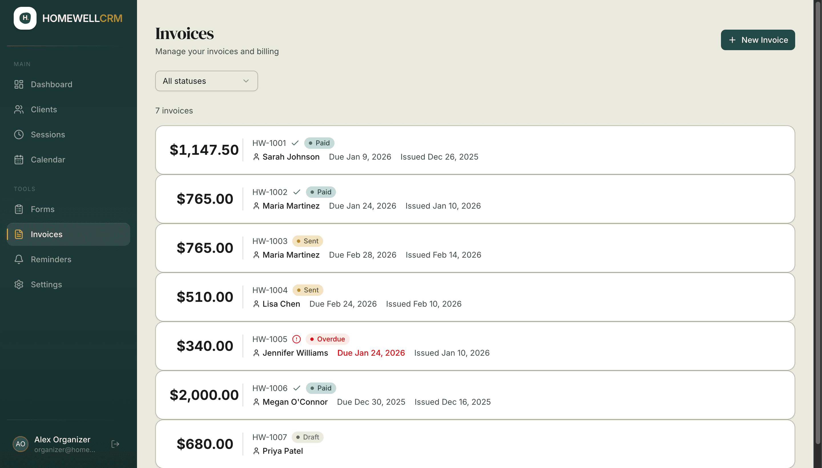 Invoice management with status tracking and payment history