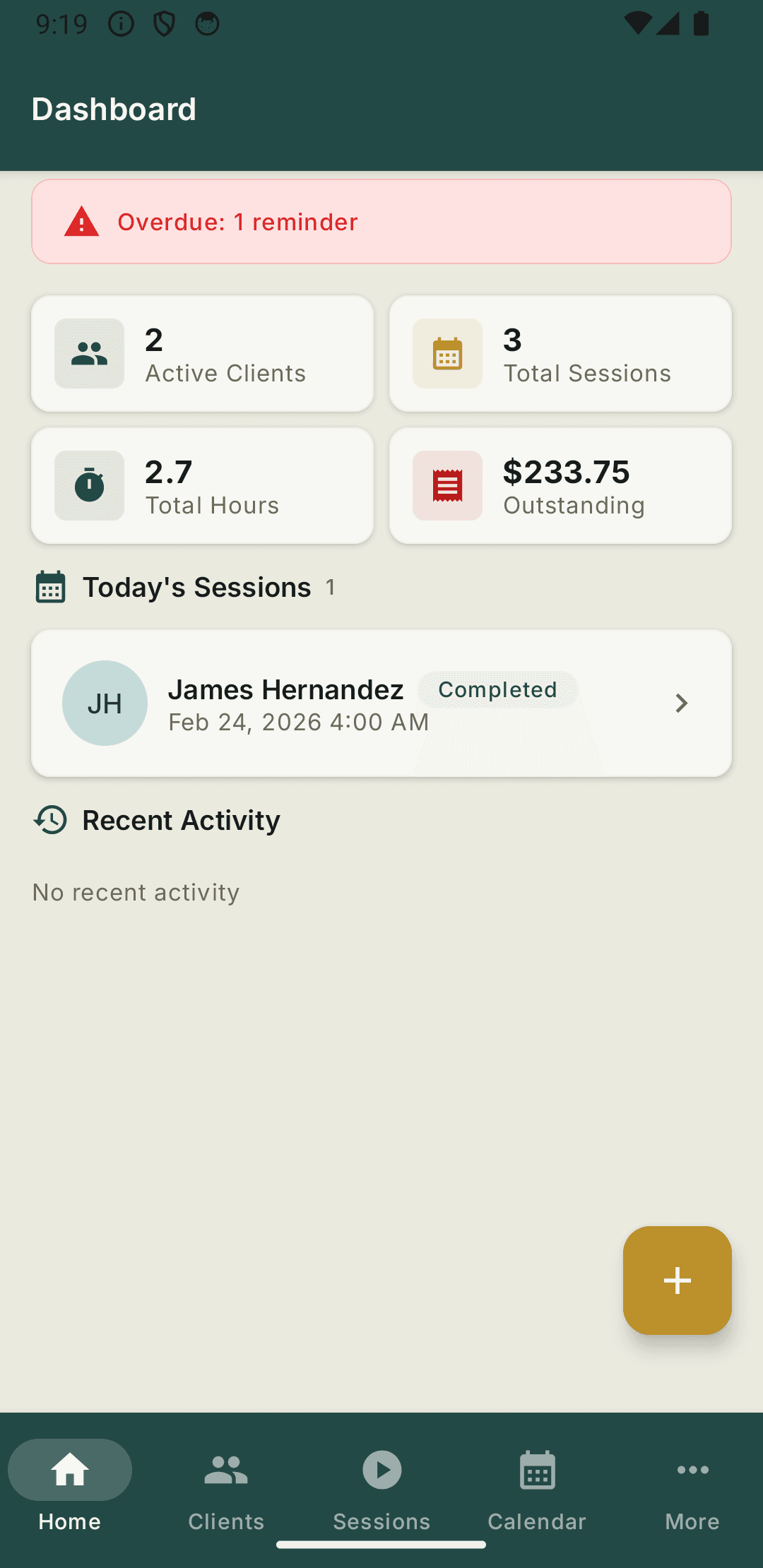 HomewellCRM mobile dashboard with stats and today's sessions