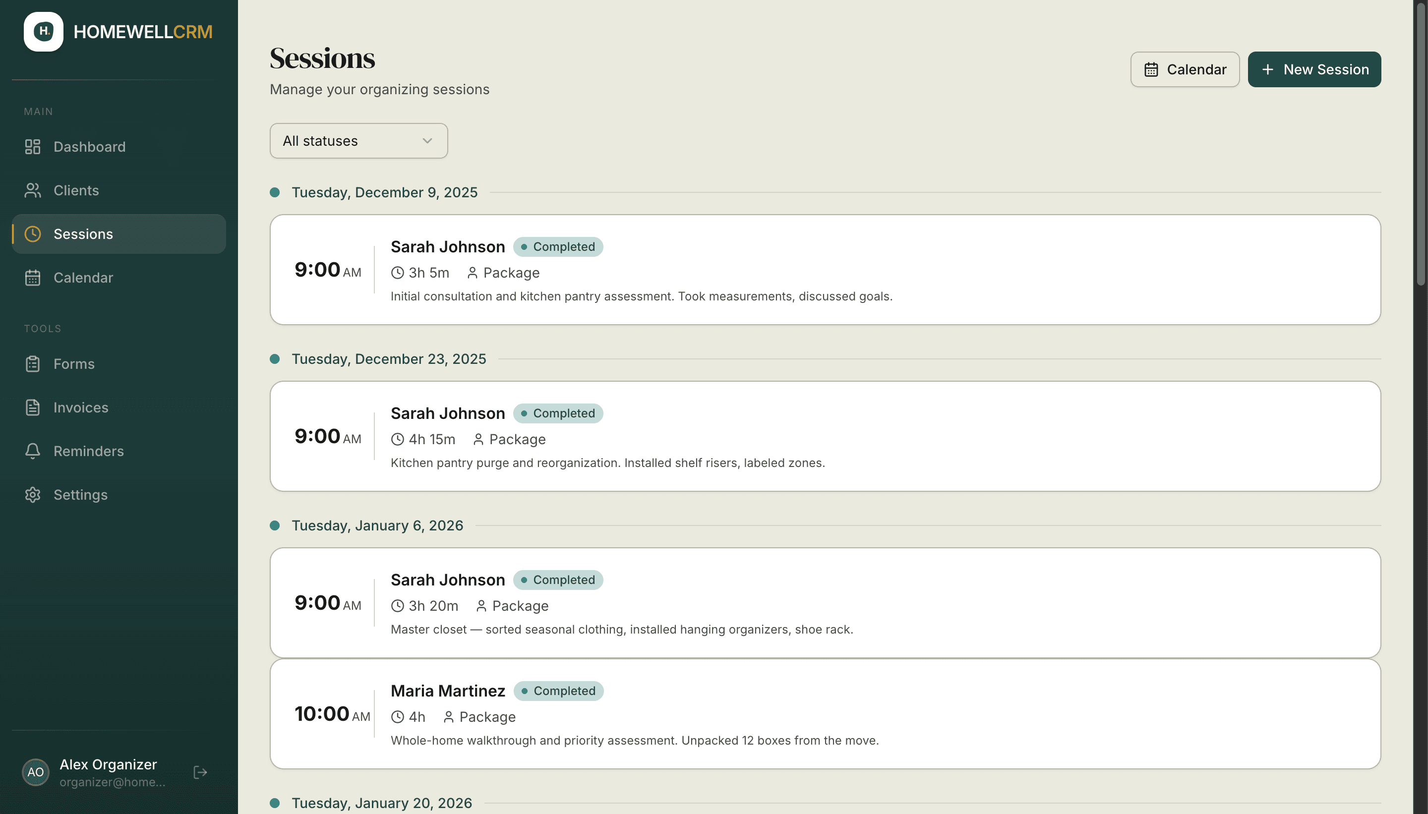 Session tracking timeline showing completed and upcoming organizing sessions