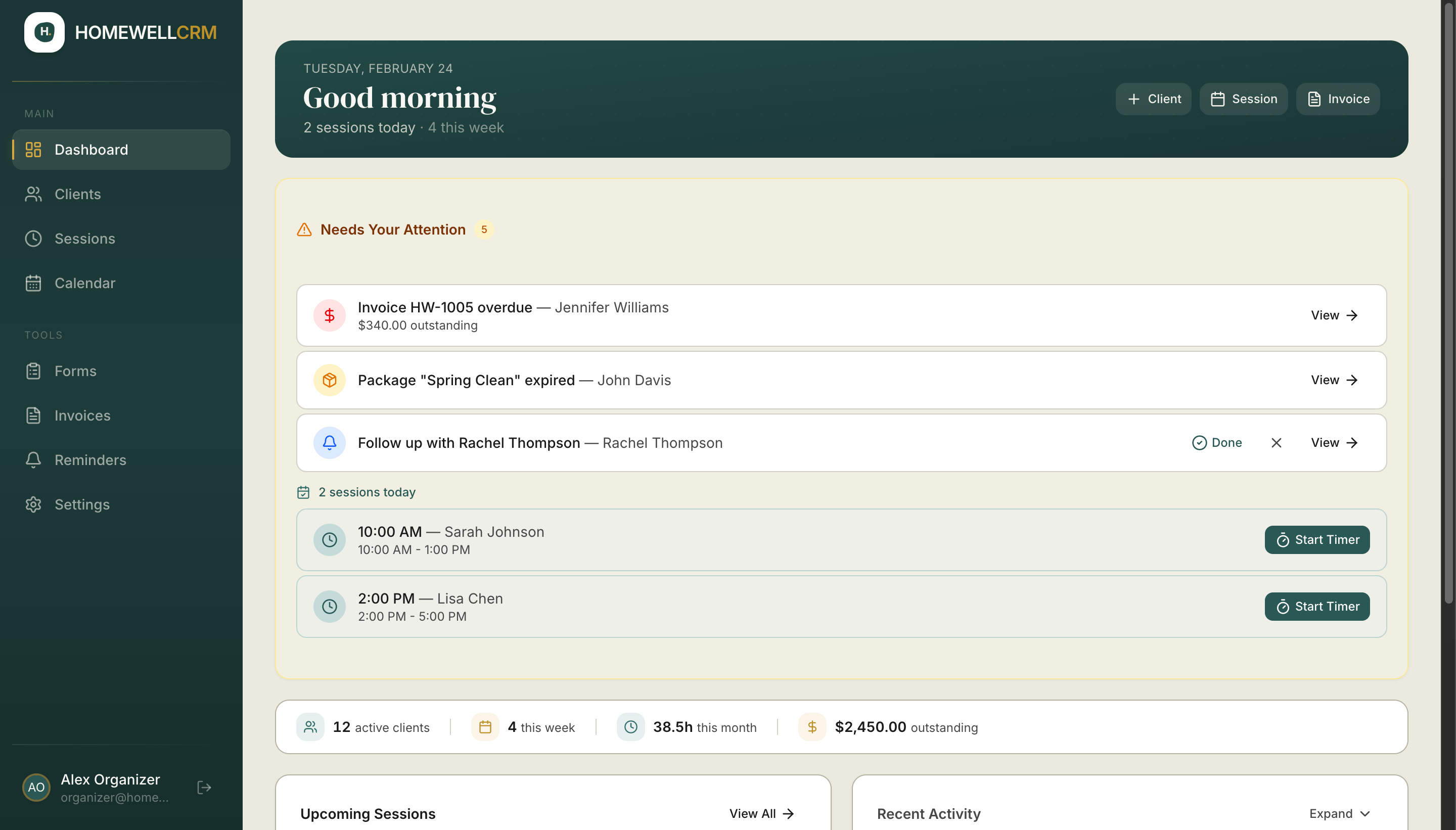 HomewellCRM Dashboard — manage clients, sessions, invoices, and reminders